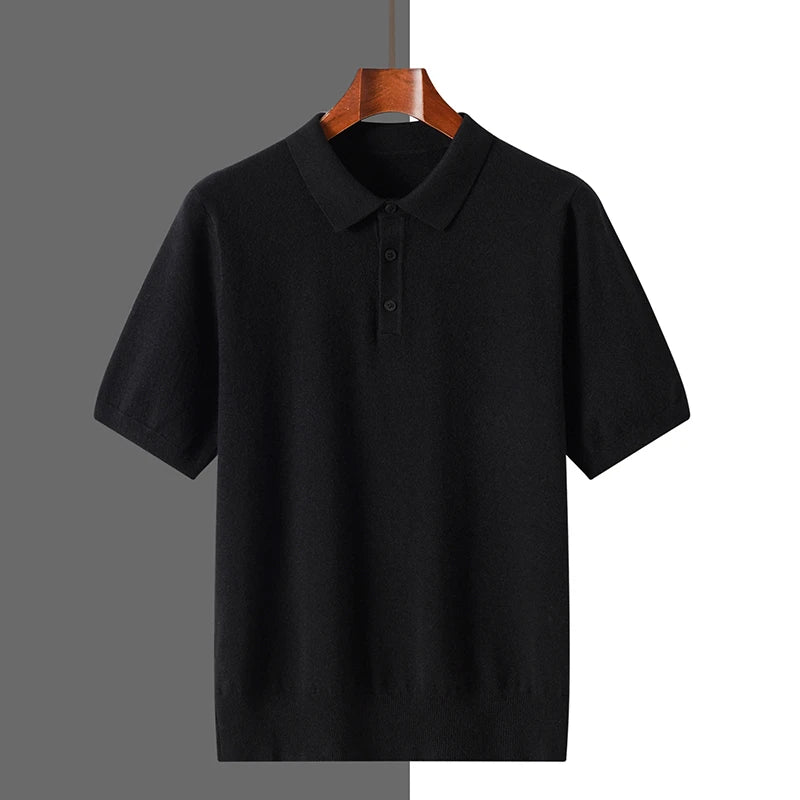 2025 Classic Polo Neck T-Shirt Pullover Men Knitwear Wool Lyocell Blend Sweater Short Sleeved Cool High-Quality Clothing Tops