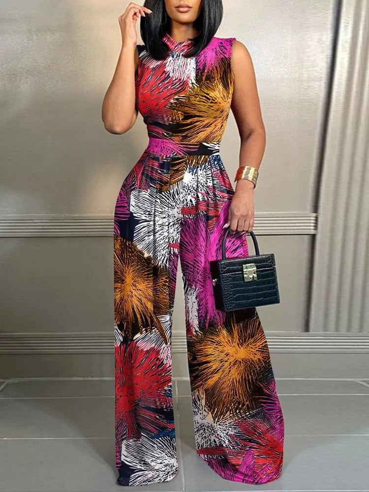 Elegant Women's Wide-leg Long Jumpsuit Spring And Summer Fashion Printed Sleeveless Casual Mid-waist Straight Jumpsuit Trousers