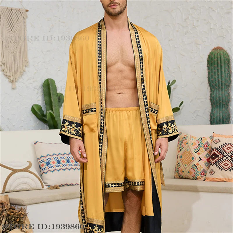 Spring Summer New Men Pajama 2PCS Robe Shorts Set Baroque Style Silk Satin Kimono Bathrobe Gown Loose Home Clothing Loungewear