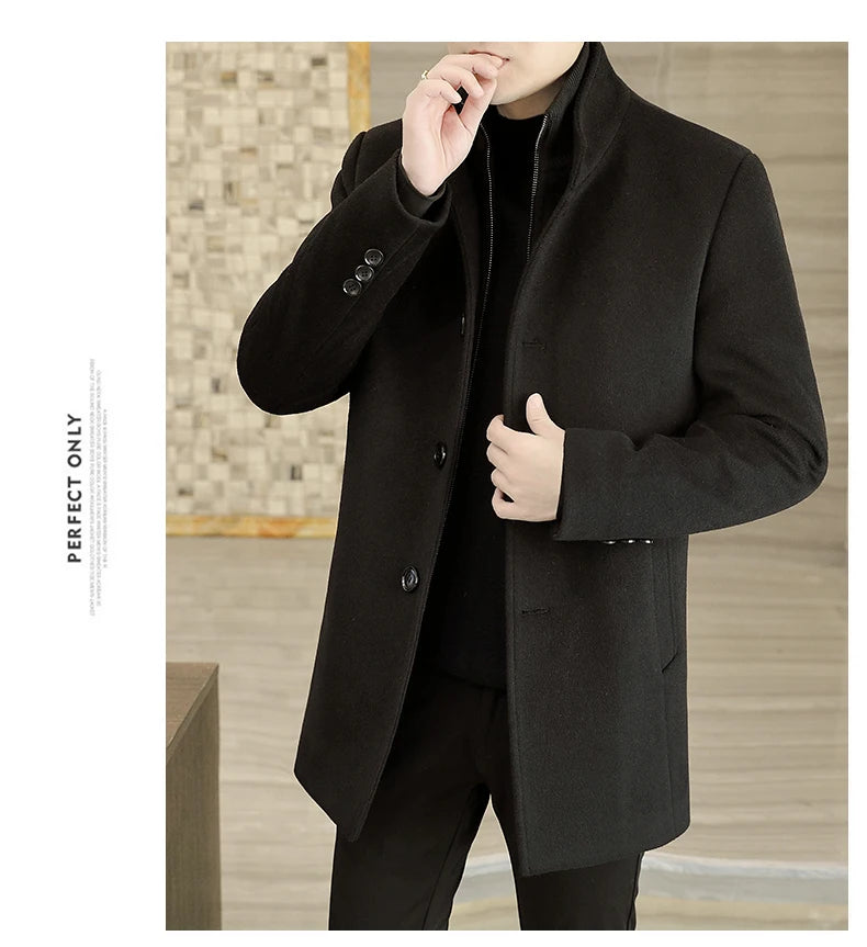 Men's Long Wool Coat High Quality Trendy Fashion Handsome Solid Color Wool Trench Coat with Removable Thickened down Inner Liner