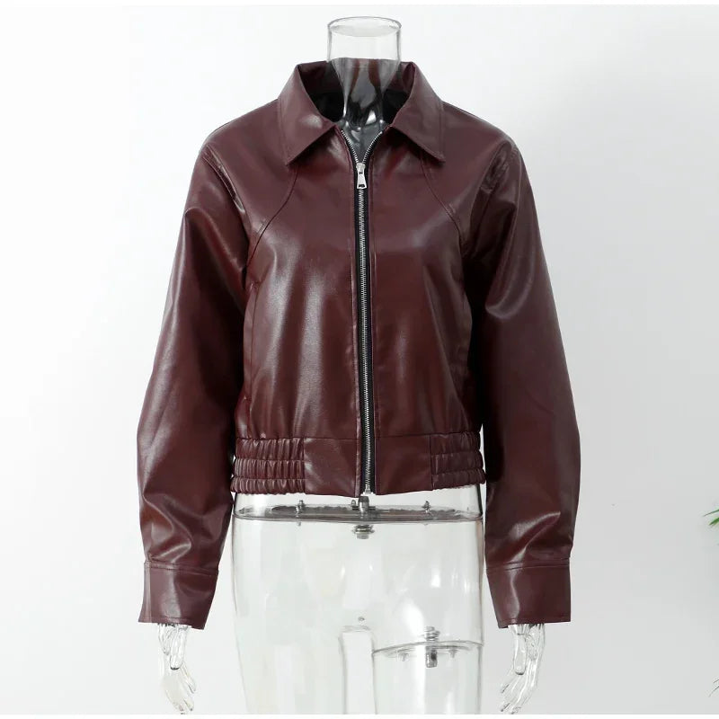 Women's Dark Red Zipper Leather Short Jackets Chic Long Sleeve Lace Up Lapel Loose Button Coat Lady Daily High Street Wear 2025