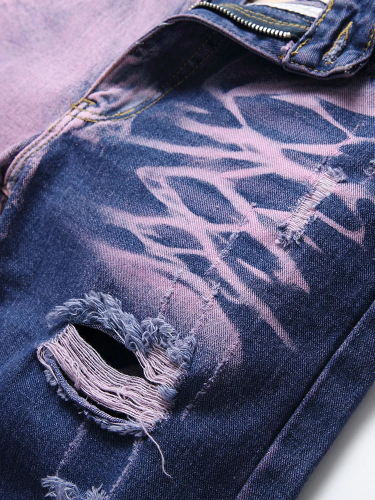 Purple Ripped Men's Jeans Spring Summer Slim Fit Straight Hole Cotton Denim Pants Distressed Destroyed Streetwear 28-40