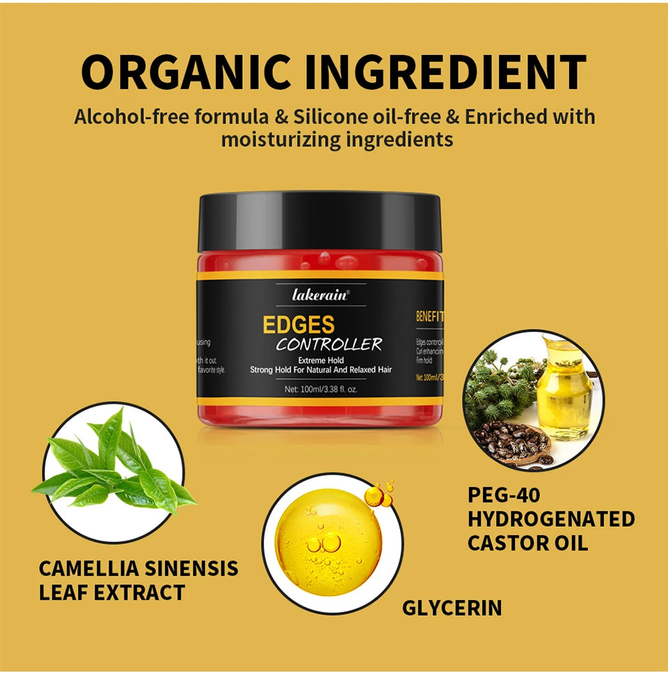 100ml/3.38 fl. oz. Edge Control Hair Gel Strong Hold Thick Edges Styling Gel Non-Greasy Non-Flaking Hair Gel For All Hair Types