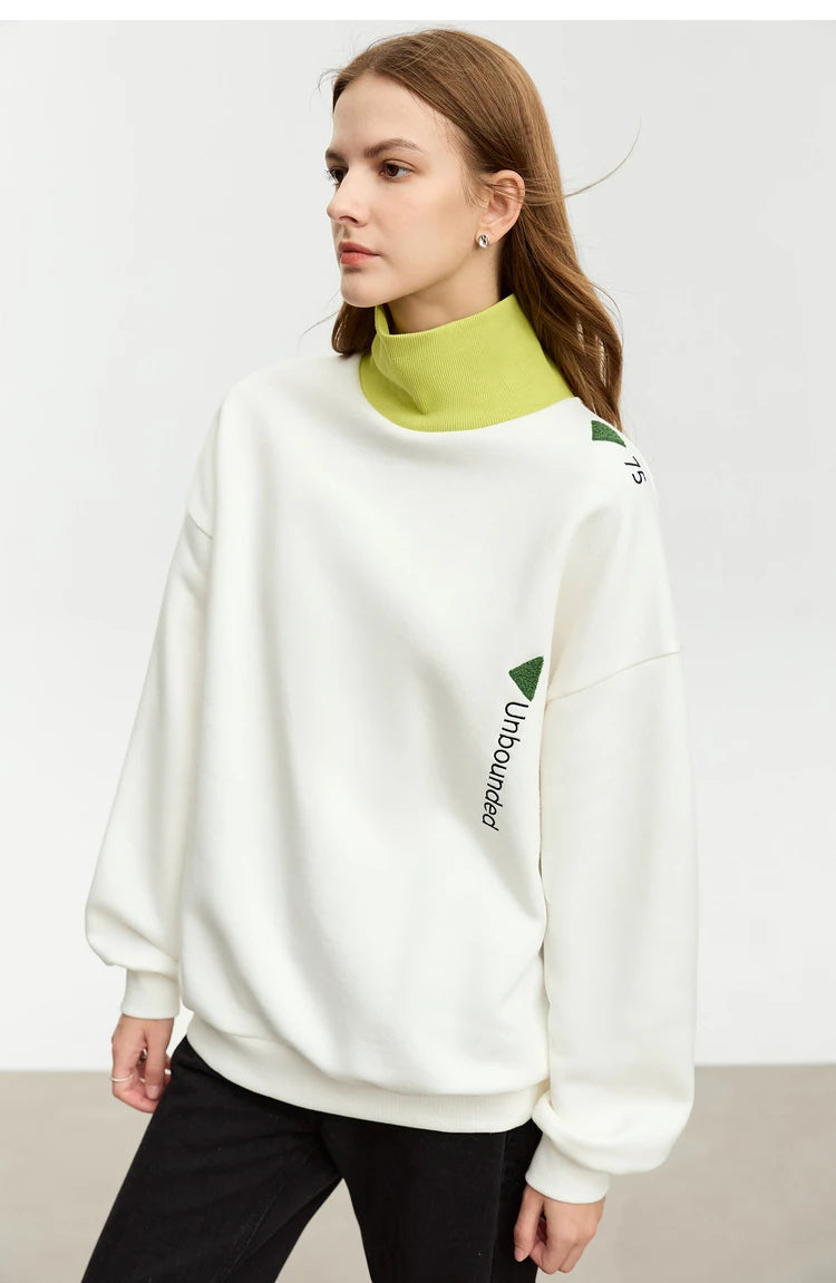 AMII Minimalist Preppy Style Embroidery Sweatshirt Women 2024 Autumn Lazy Loose Spliced Turtleneck Velvet Pullovers 12333011