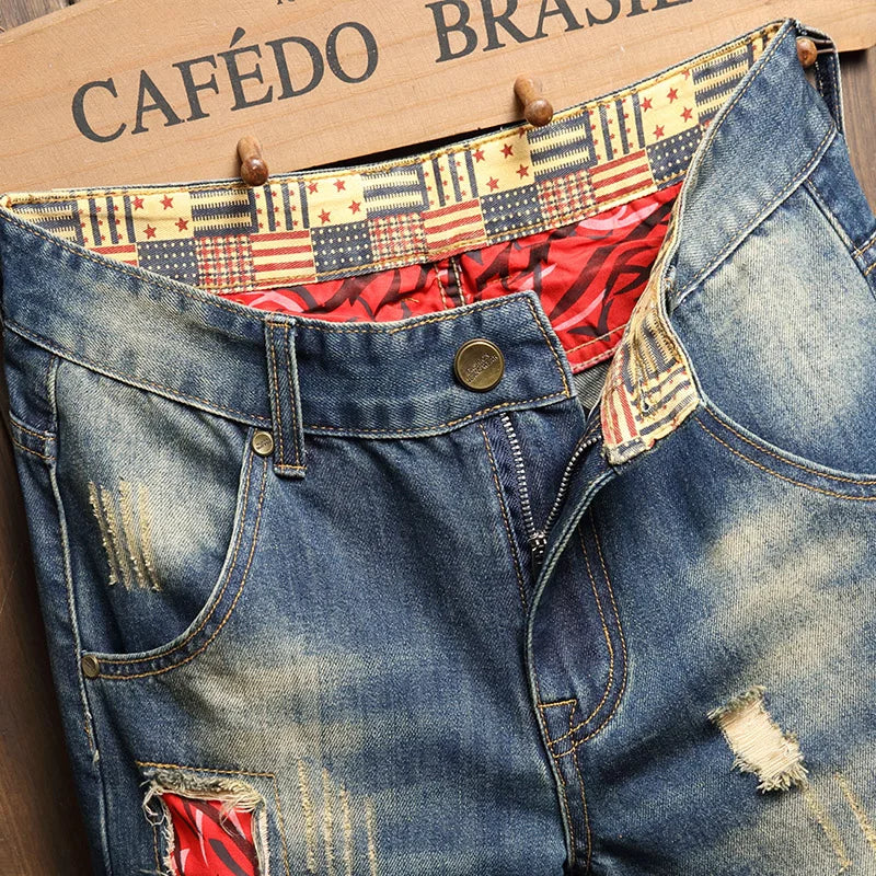 2025 Summer Ripped Denim Shorts Men's Loose Splicing Knee-length Casual Short Jeans Personality Streetwear Hip Hop Male Clothes