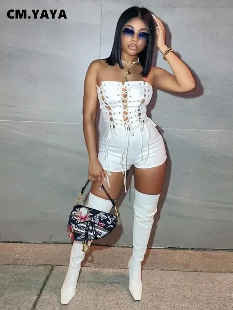 CM.YAYA Women Lace Up Strapless High Waist  Romper Playsuit 2022 Spring Summer Sexy Party Clubwear Bodycon One Piece Overalls