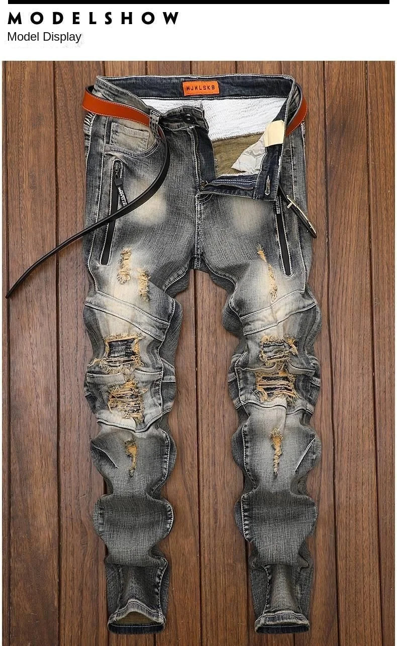 Luxury Men's Classic Jeans Straight Pants Autumn and Winter Retro Ripped Hole Denim Trousers Motorcycle Work Pants for Men