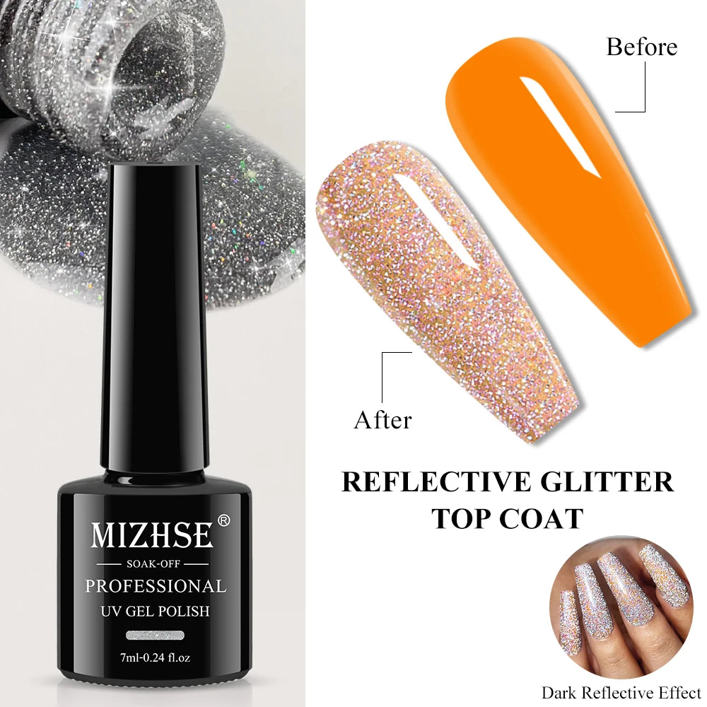 MIZHSE 7ML Reflective Top Coat Gel Nail Polish Shiny Glitter Vernis Semi Permanent Varnish Nail Gel Polish for Manicure Nail Art