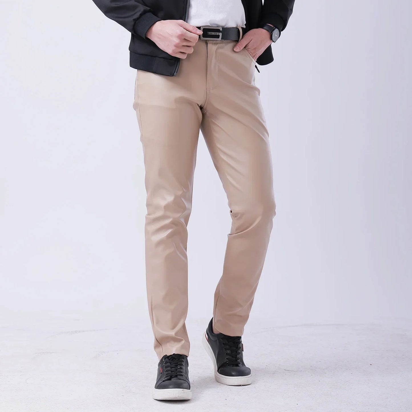 Spring Autumn Stretch Skinny Faux Leather Pants Men Black White Red Blue Khaki Grey PU Pants Plus Size 40 Men Joggers