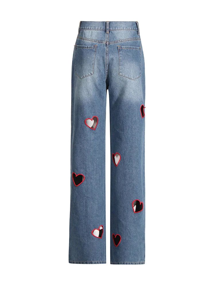 2025 Summer New Fashion Women's Jeans High Waist Straight Wide Leg Embroidery Heart Hollow Out Female Denim Pants