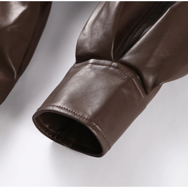 Faux Leather Jacket Women Turn-down Collar Zipper Front Puffy Sleeves Stylish Waist Cinching Coat 2025 Female Winter Outerwear