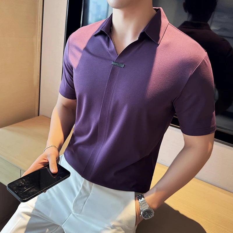 Luxury Purple Polo Shirts For Men High Quality Summer Short Sleeve Men's Polos Ice Silk Elastic Slim Fit Turn Down Collar Tees