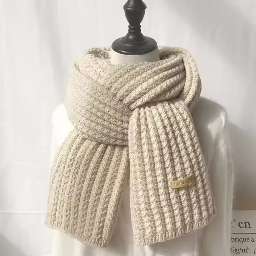 New Korean Style Thick Warm Metal Logo Long Scarf Winter Knitted Solid Color Womens Scarf