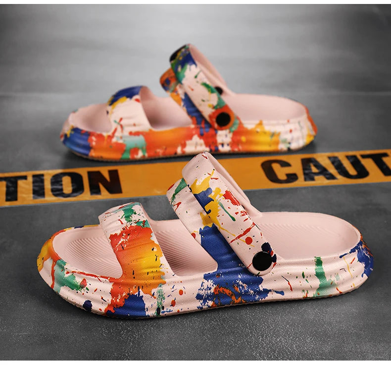 2024 New Thick-soled EVA Cave Shoes Women's Summer Wear Non-slip Beach Soft-soled Semi-Slippers Fashion Printed Sandals