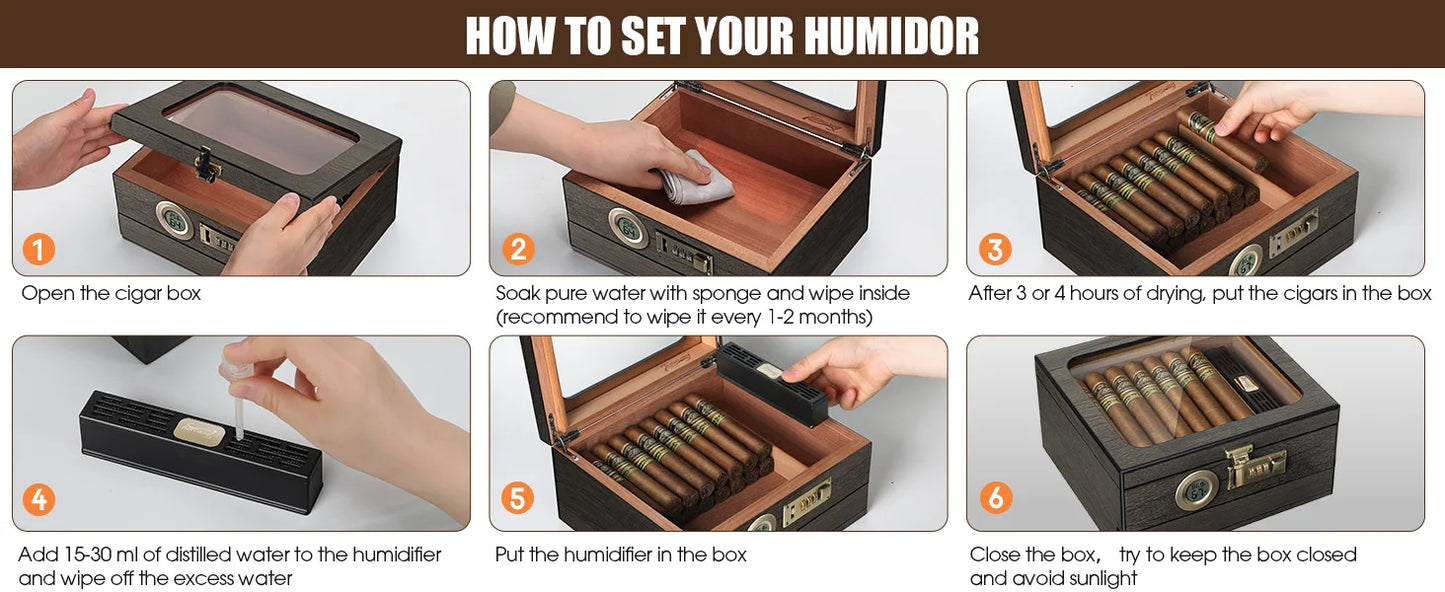 Cigar Humidor, Glass Top Desktop Box with Digital Thermo-Hygrometer, Humidifier, Divider, Accessories Drawer & Combination Lock