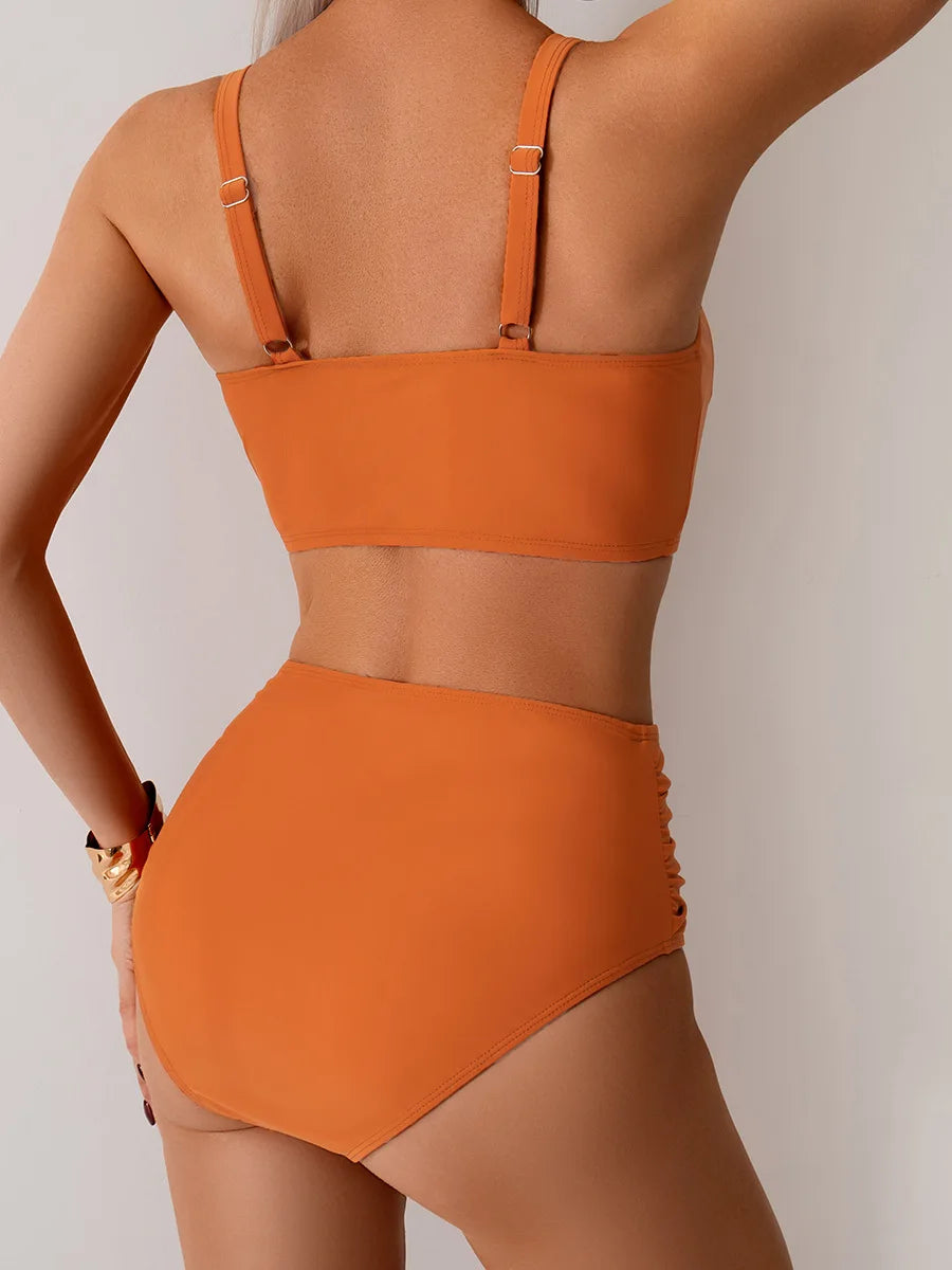 2025 New Summer Sexy High Waist Two-piece Bikini Set Solid Women Sling Swimsuit Cross Gathered Swimwear Tight Beach Bathing Suit