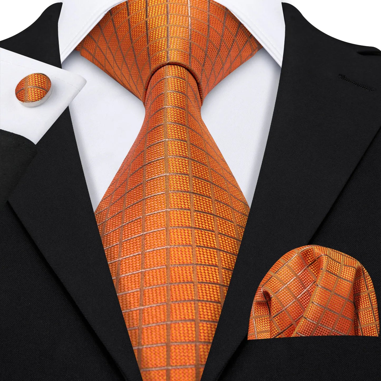 Barry.Wang Orange Brown Silk Mens Tie Hanky Cufflinks Set Gold Coffee Jacquard Designer Necktie For Male Wedding Business Party
