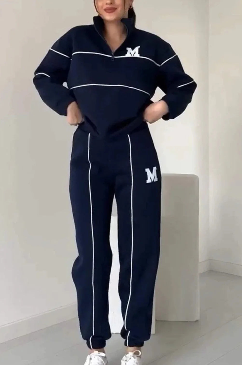 Autumn Winter Women's Fashion Letter Print Sweatshirt Set Casual Zipper Half Open Collar Long-sleeve + Sweatpants Two-piece Set
