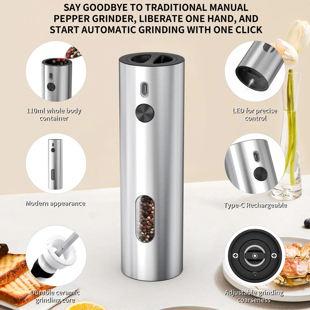 Rechargeable Electric Salt and Pepper Grinder Set Stainless Steel Pepper Mills Adjustable Coarseness Power Grinder Kitchen Tools