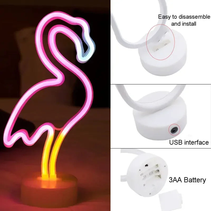 LED Neon Night Light Sign Flamingo Coconut Tree Cactus Table Lamp Kids Birthday Gifts Bedroom Christmas Art Decor Battery/USB