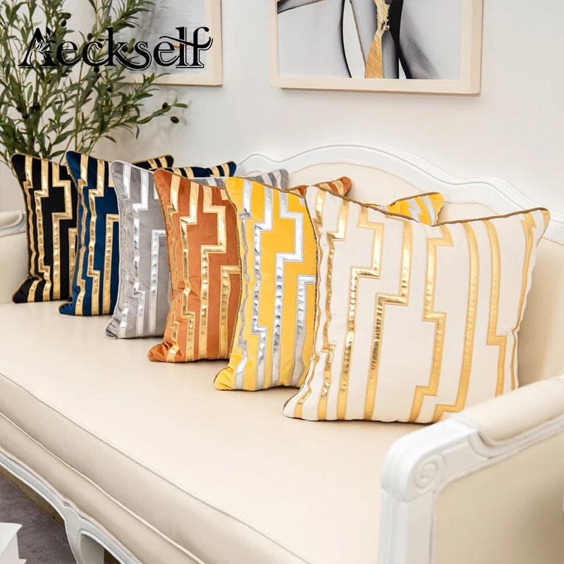Aeckself Luxury Geometric Plaid Gold Grey Leather Embroidery Velvet Cushion Cover Home Decor Throw Pillow Case White Grey Black