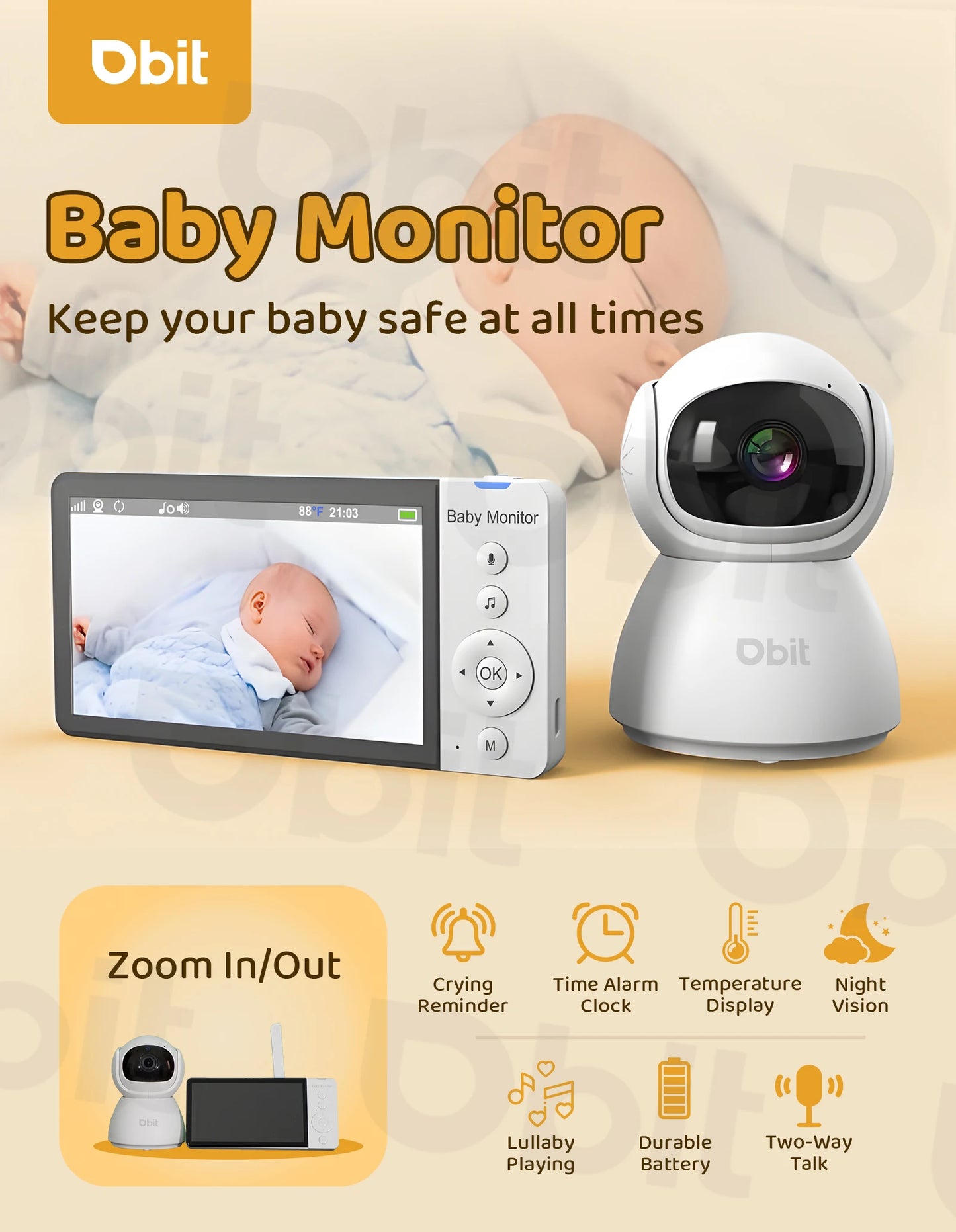 DBIT Baby Monitor Scurity Potection Cmera for Kids 5"IPS Screen 5000mAh Battery Night Vision 2-Way Audio Video Child Camera
