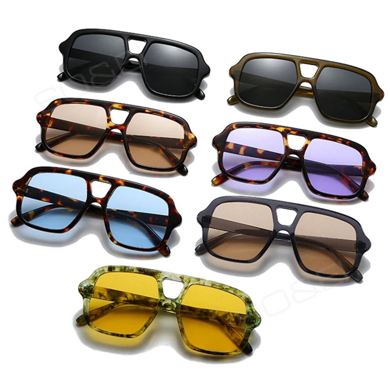 SO&EI Ins Popular Fashion Double Bridges Square Men Sunglasses Vintage Punk Yellow Blue Shades UV400 Men Trending Sun Glasses