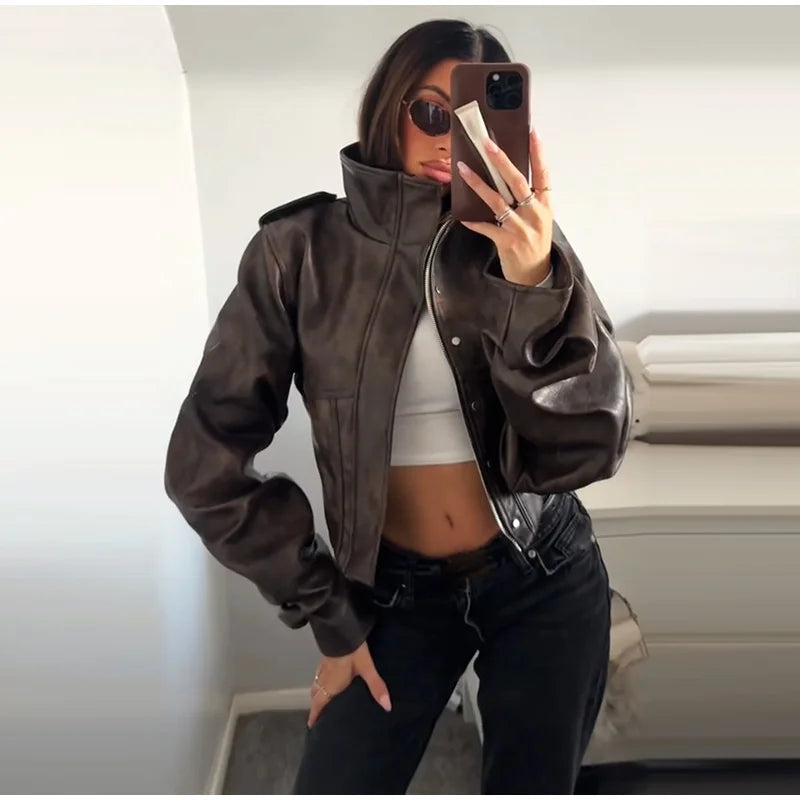 Fashion Lapel Leather Jacket Women's Full Sleeve Slim Solid Zippers Coat 2026 Spring New Lady Edgy Casual High Street Outerwear