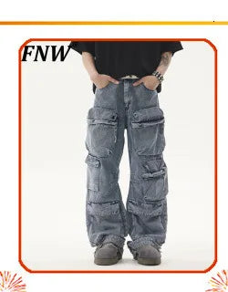 PFNW New Spring Men's Jeans Loose Wide Leg Coating Glossy Patent Leather Straight Male Denim Pants Niche Style 2025 12C509