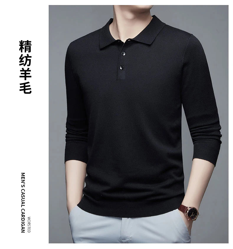 Men's Fine Wool Sweater Polo Collar Pullover Spring Autumn New Cashmere Knitwear Smart Casual Loose Men's Shirts Warm Soft Tops