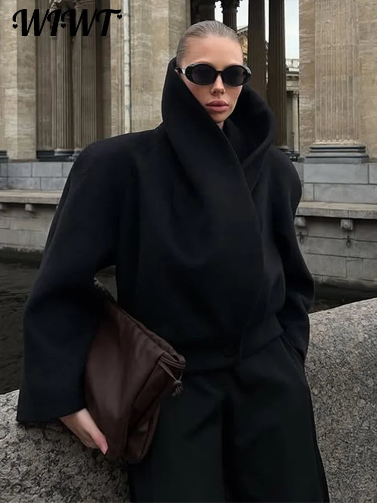 Black Stand Collar Woolen Coats Women's High Street Buttons Full Sleeve Short Overcoats 2026 Spring New Female Solid Outwear