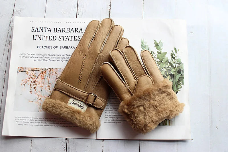 Sheepskin Fur Gloves Men's Thick Winter Warm Large Size Outdoor Windproof Cold Hand Stitching Sewn Leather Finger Gloves
