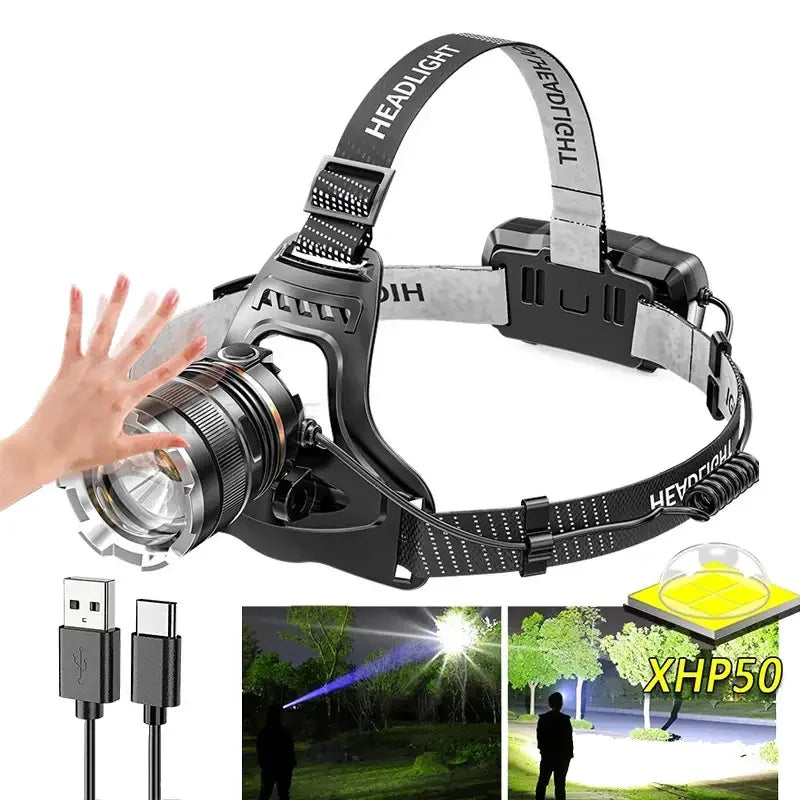 Ultra Bright White Laser LED Headlight Wave Sensing Zoom Flashlight Rechargeable Outdoor Night Fishing Head Mounted Headlight