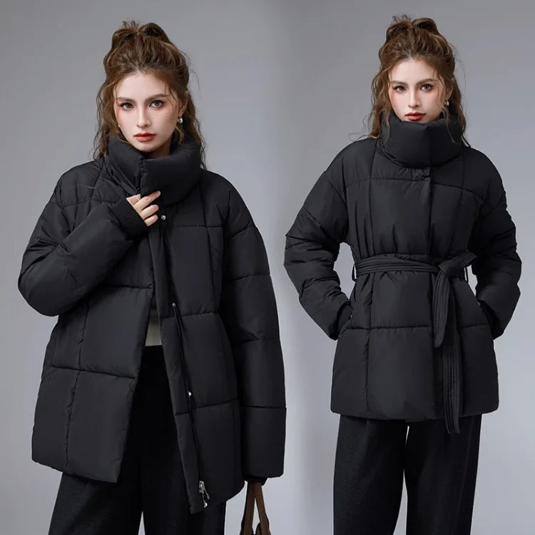 Women Winter New Cotton-padded Clothes Stand-up Collar Belt Thin Loose Versatile Jacket Fashion Version Cotton-padded Clothes
