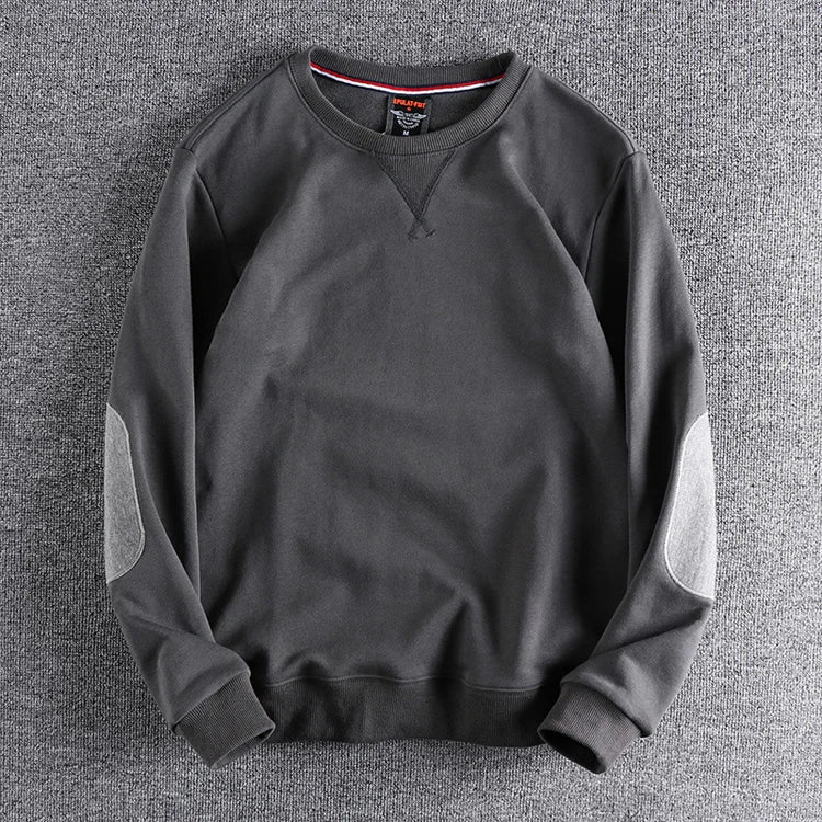 Spring New American Retro Sleeve Patch Solid Color Sweatshirt Men's Simple 100% Cotton Washed Pullover Loose Casual Sportwear