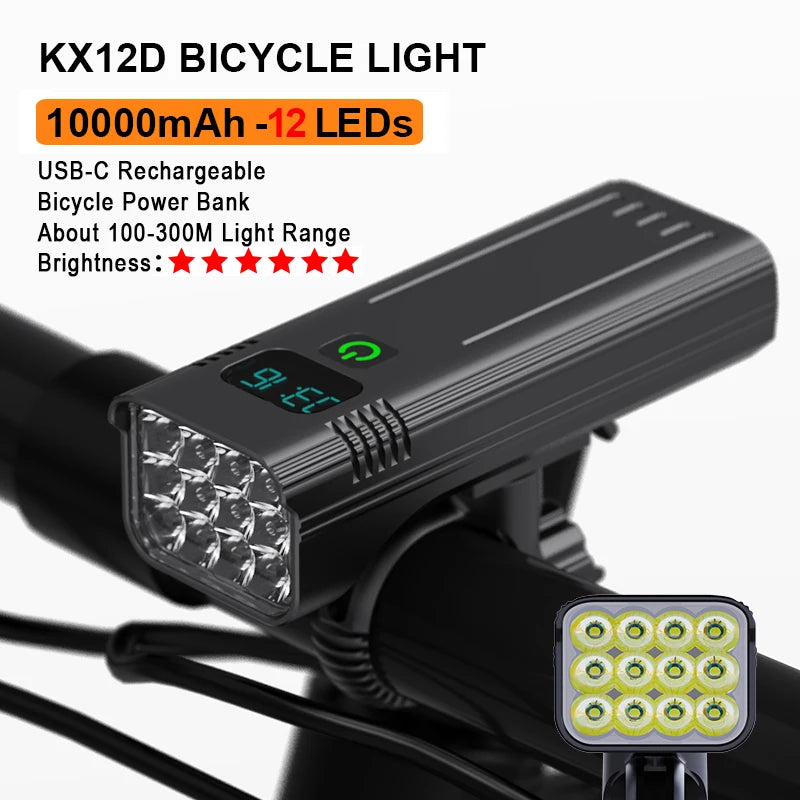 NATFIRE 12 LED Bike Light High Lumen USB C Rechargeable Aluminum MTB Bicycle Light 10000mAh Power Bank Headlight 6 to 12 LED