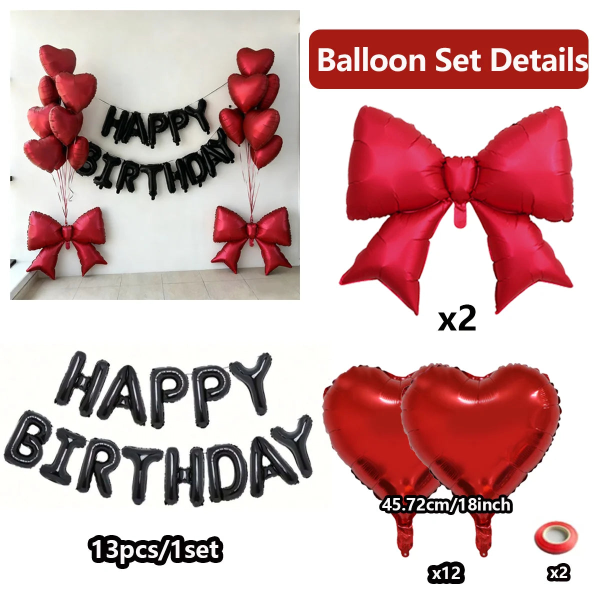 Black Happy Birthday Balloon Set Red Heart Balloon Bow Aluminum Film Balloon for Birthday Party Decoration Photography Props