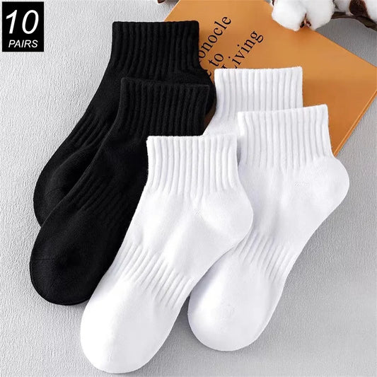 10 Pairs Classic Black White 95% Cotton Men's Short Socks Summer Thin Low Tube Socks Anti Odor Women's Ankel Sox EU 37-42