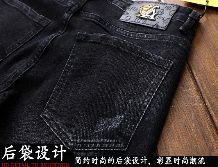 2024 Spring and Autumn New Fashion Trend Retro Ripped Small Foot Pants Men's Casual Slim Breathable Elastic High-Quality Jeans