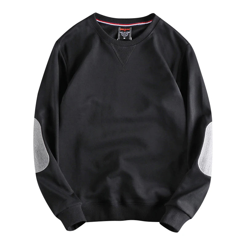 Spring New American Retro Sleeve Patch Solid Color Sweatshirt Men's Simple 100% Cotton Washed Pullover Loose Casual Sportwear