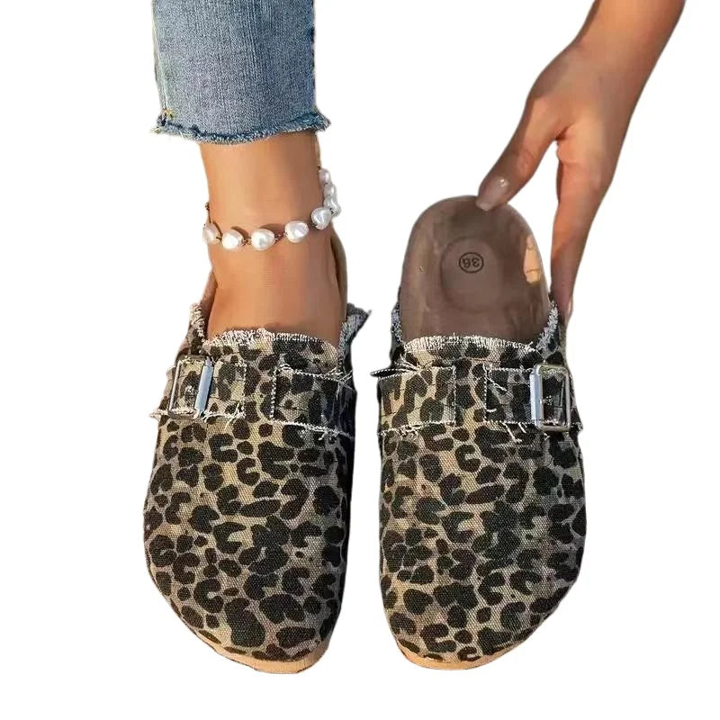 2024 Spring New Classic Women's Closed Toe Cork Sandals Slippers Ladies Leopard Cork Slippers Camo Mule Clogs Shoes Flats