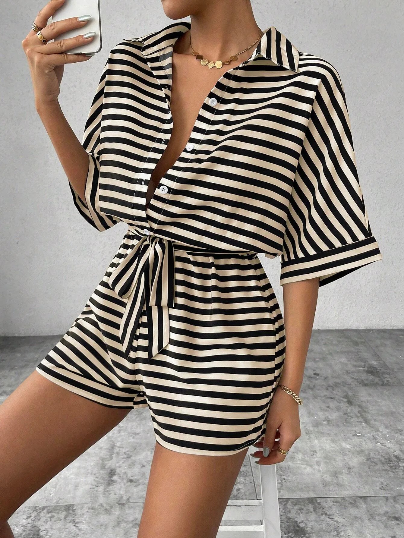 Summer New Set For Women's Casual Loose Comfortable Outfit Fashion Striped Batwing Sleeve Shirt Top+ Shorts 2-piece Sets Woman