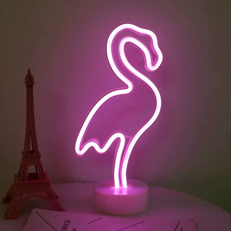LED Neon Night Light Sign Flamingo Coconut Tree Cactus Table Lamp Kids Birthday Gifts Bedroom Christmas Art Decor Battery/USB