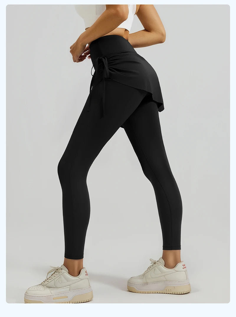 BIVIGAOS New Spring Drawstring Pleated Yoga Leggings Skirt Pants Fake Two Piece Women High Waist Elastic Sports Fitness Leggings