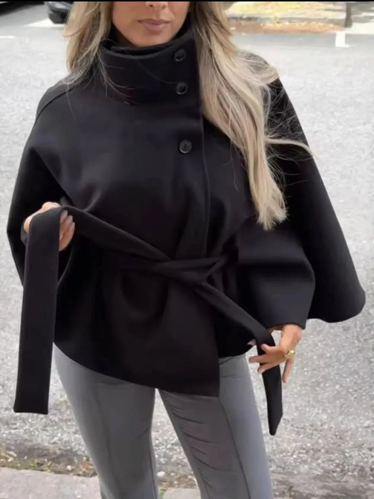 2026 New Lace Up High Neck Jackets For Women Belt Faux Wool Blends Cape Coats Autumn Winter Warm Elegant Cloak Coat Ladies