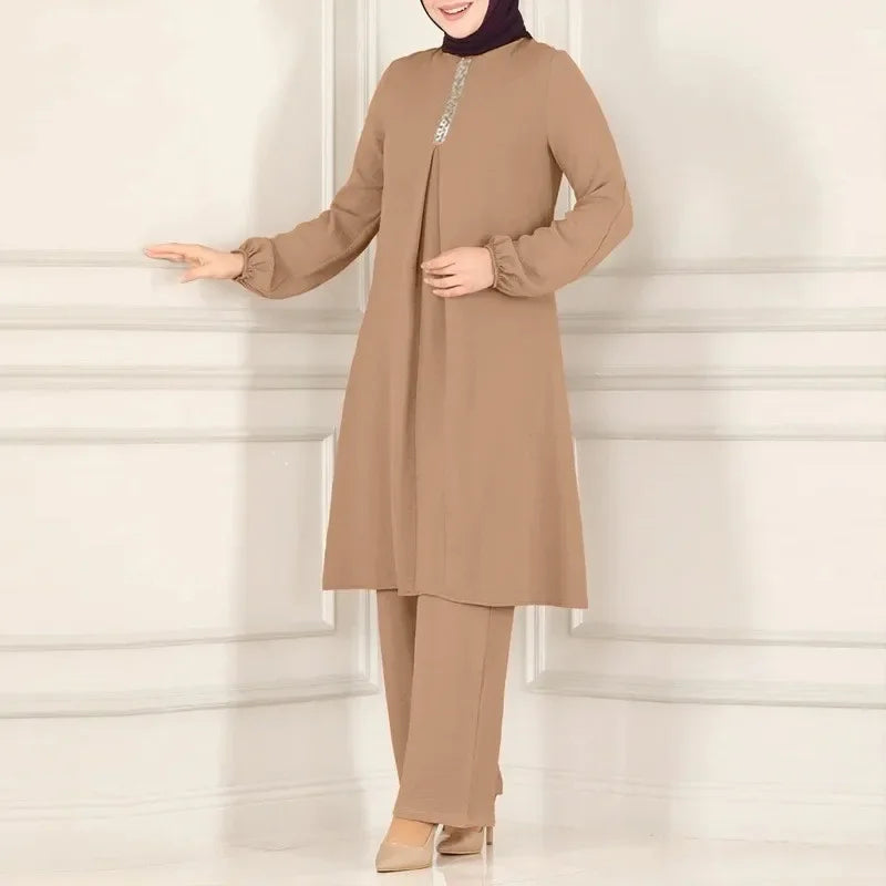 Islamic Fashion Clothing Suits for Women Spring Autumn Solid Color Elegant Abaya Long-sleeved Shirt Loose Wide-leg Pant Muslim