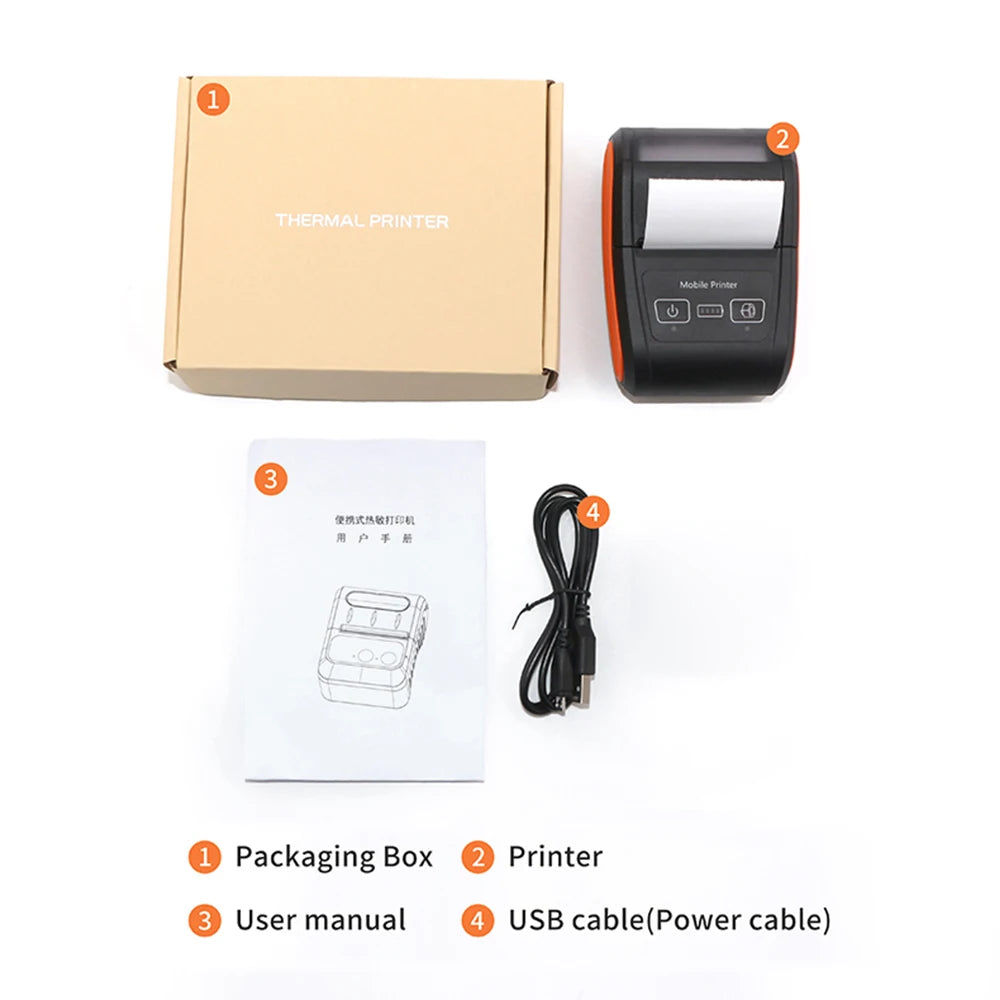Portable Receipt Printer 58mm Mini Thermal Printing Wireless BT USB Connection 203dpi Mobile Printer with 2 Inch Thermal Paper