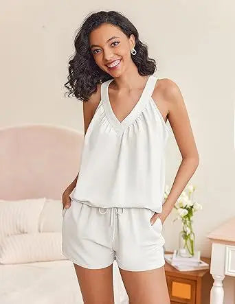 New Summer Women's 2-piece Set Pink V-neck Vest Elastic Pocket White Stylish Black Shorts Set