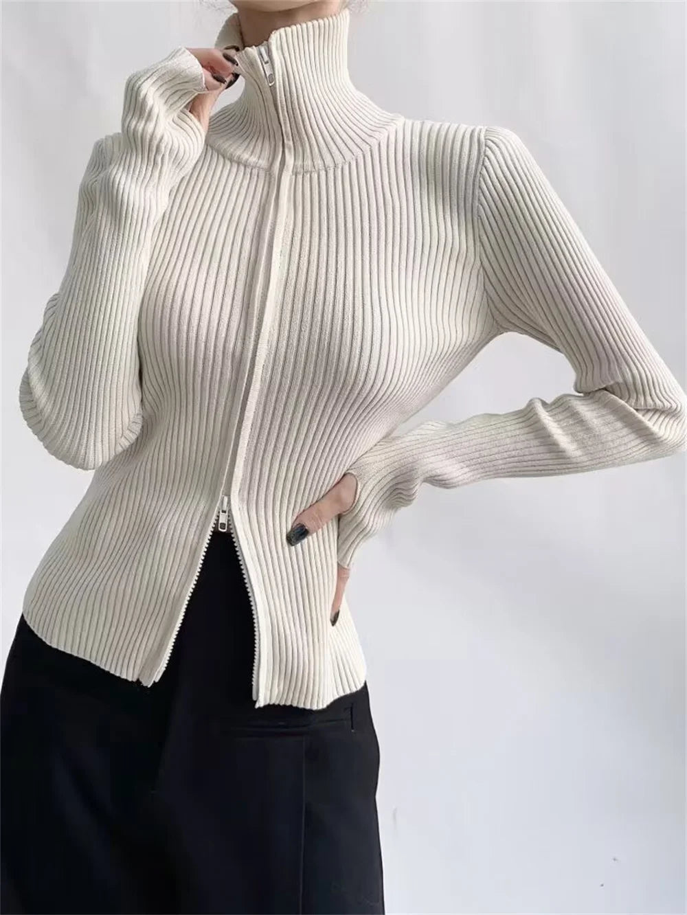 Fashion Korean New Spring Women High Elastic Slim Knitted Cardigan Woman Zipper Turtleneck Knitwear Long Sleeve Sweater Coat
