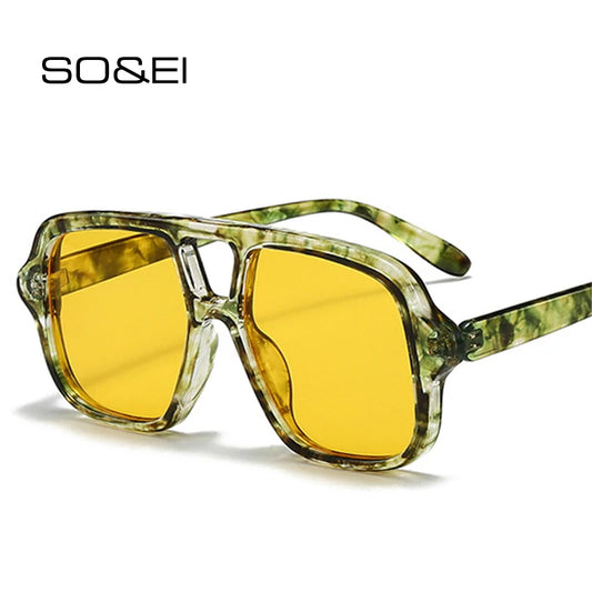 SO&EI Ins Popular Fashion Double Bridges Square Men Sunglasses Vintage Punk Yellow Blue Shades UV400 Men Trending Sun Glasses